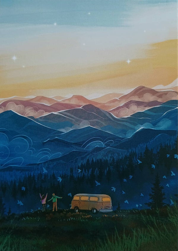 Ansichtkaart 'Vakantie vrijheid (met het camperbusje)'