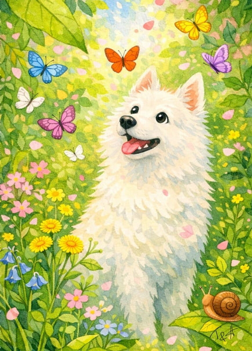 Ansichtkaart 'Hond en vlinders'
