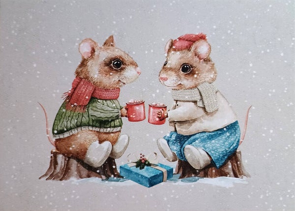 Kerst ansichtkaart 'Muisjes met Kerstcadeau'