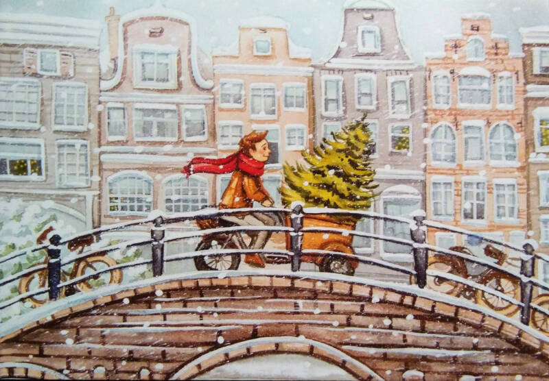 Kerst ansichtkaart 'Kerstboom halen met de fiets'
