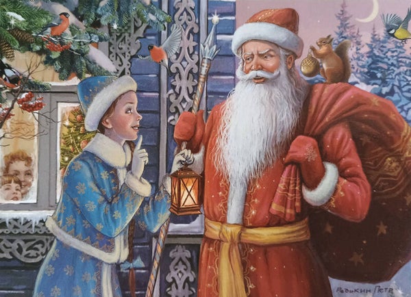 Kerst ansichtkaart 'De Kerstman en het Sneeuwmeisje'