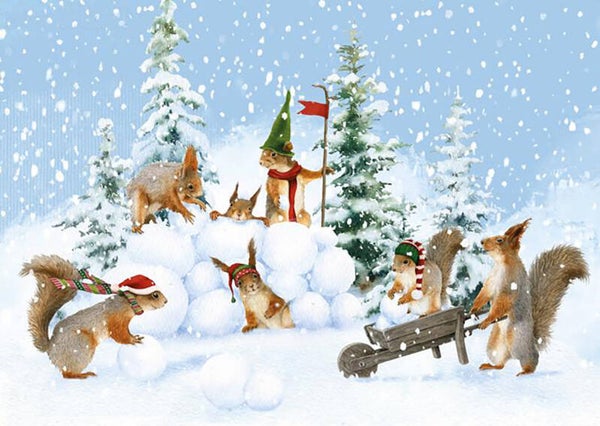 Kerst ansichtkaart 'Eekhoorntjes-spel in de sneeuw'