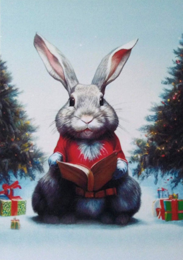 Kerst ansichtkaart 'Kerstkonijn met boek'