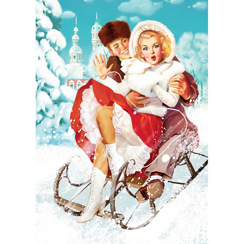 Kerst ansichtkaart 'Pin-up op slee'