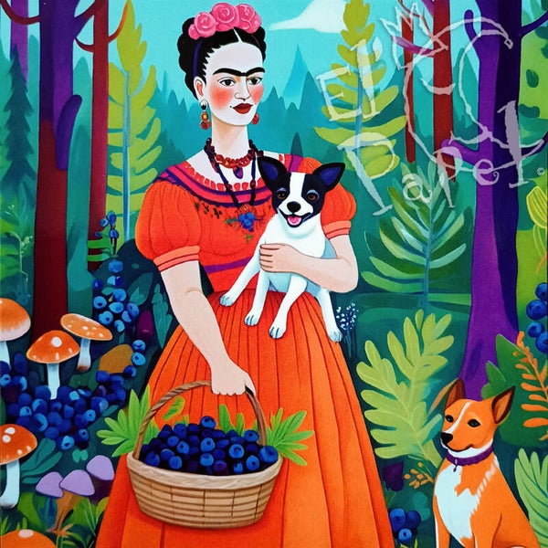 Vierkante kaart 'Frida en mandje blauwe bessen'