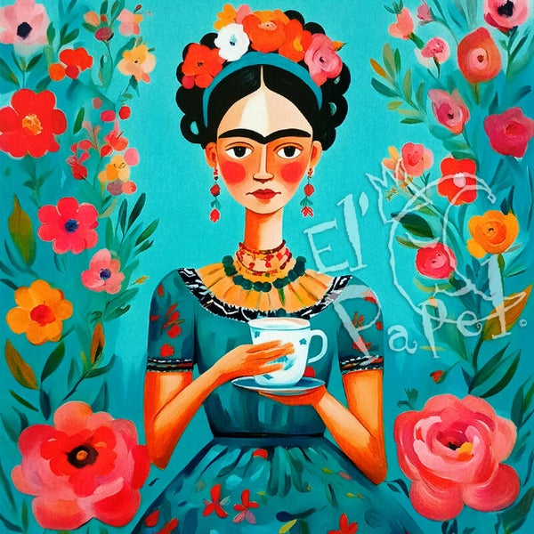 Vierkante kaart 'Frida en een kopje thee'