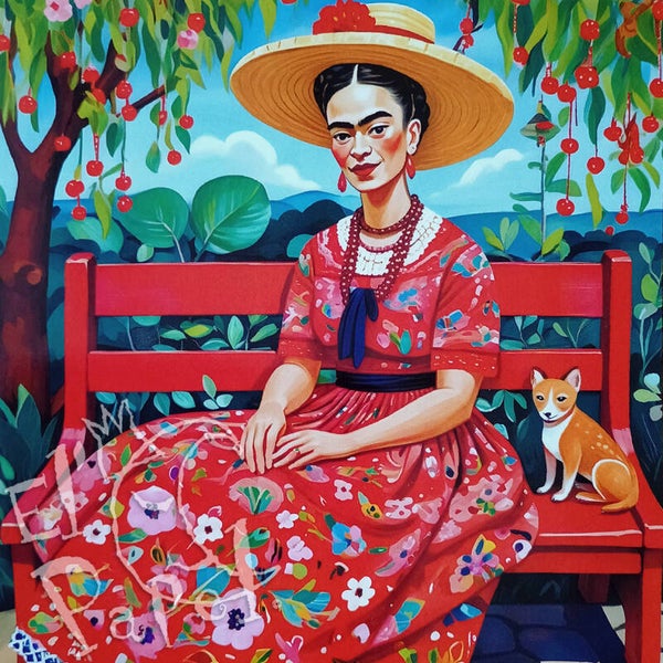 Vierkante kaart 'Frida met hondje op een rood bankje'