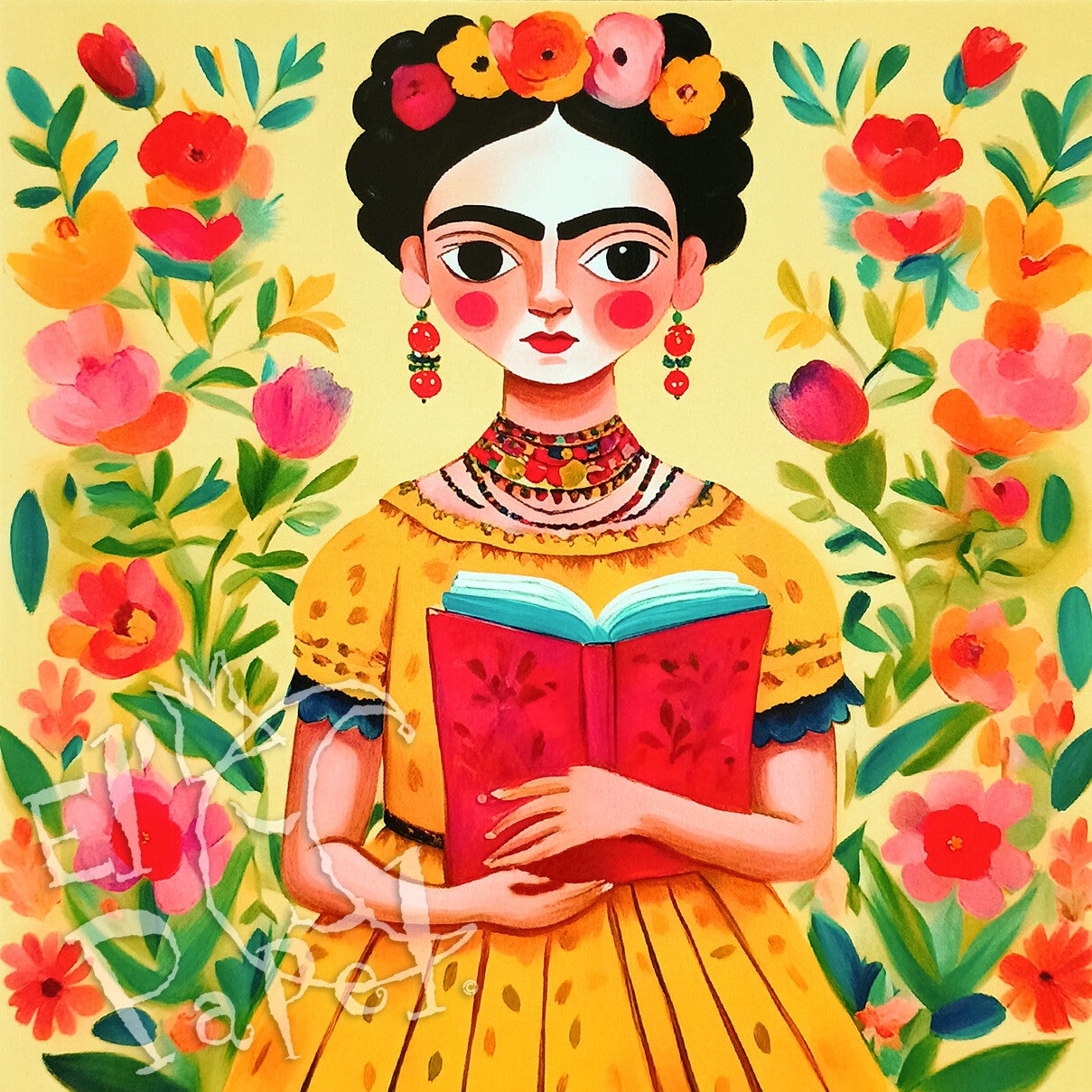 Vierkante kaart 'Frida met boek'