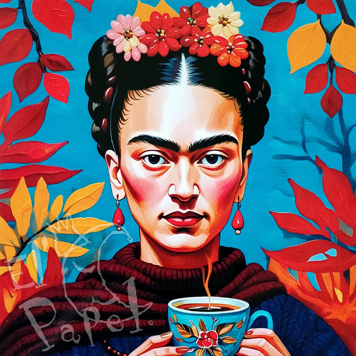 Vierkante kaart 'Frida met dampende koffie'