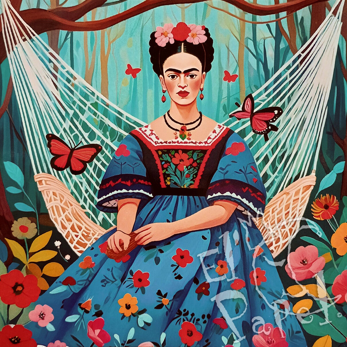 Vierkante kaart 'Frida in de hangmat - met vlinders'