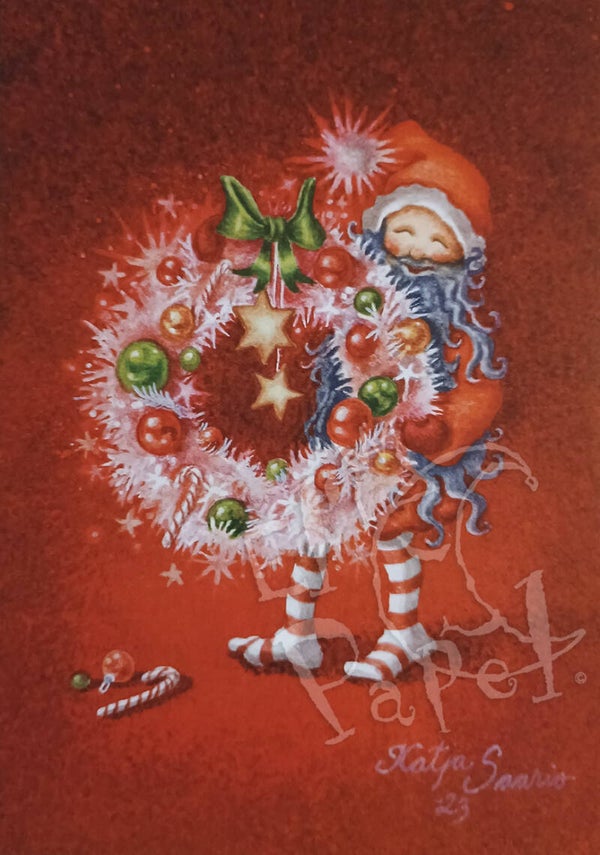 Kerstkaart 'Kobold met Kerstkrans'