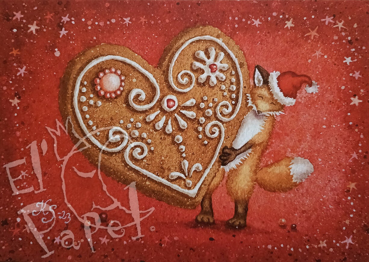 Kerstkaart 'Vosje met Gingerbread-hart'