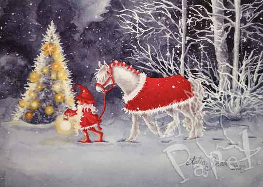 Kerstkaart 'Kobold en paardje door het Kerstbos'