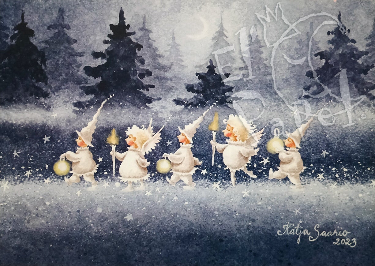 Kerstkaart 'Witte engeltjes Kerst-optocht'