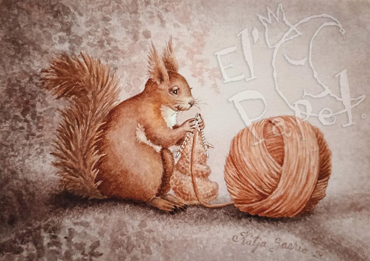 Ansichtkaart 'Eekhoorntje met breiwerk'
