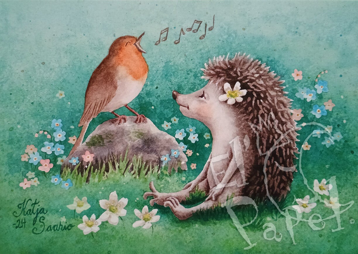 Ansichtkaart 'Egel en Roodborstje vieren de lente'