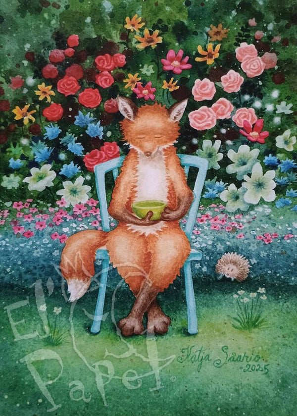 Ansichtkaart 'Kopje thee in de rozentuin'