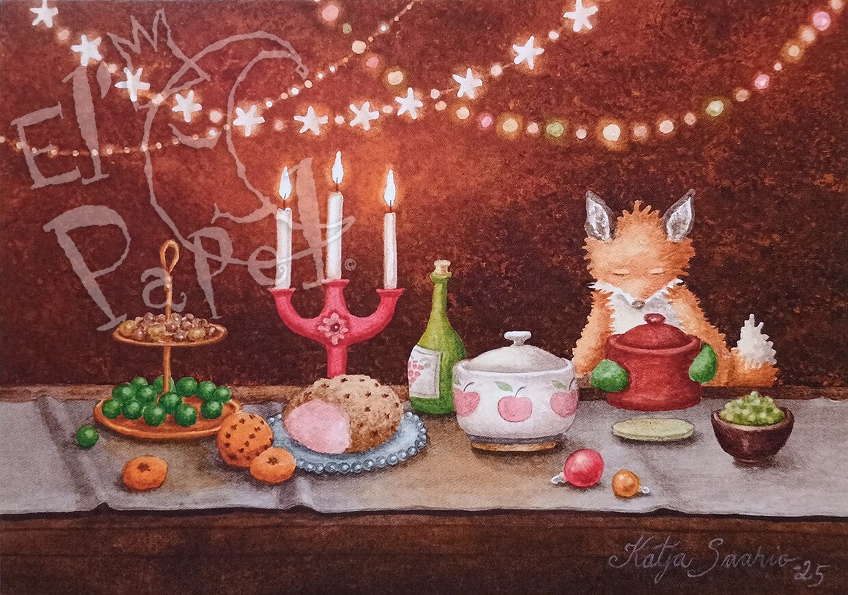 Kerstkaart 'Vosje aan de Kersttafel'