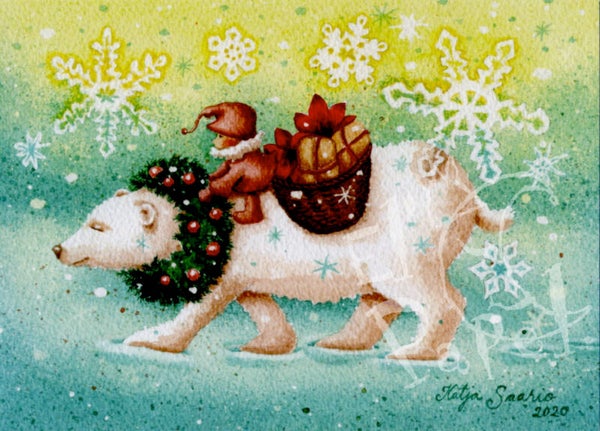 Kerstkaart 'IJsbeer met Kerstkrans'