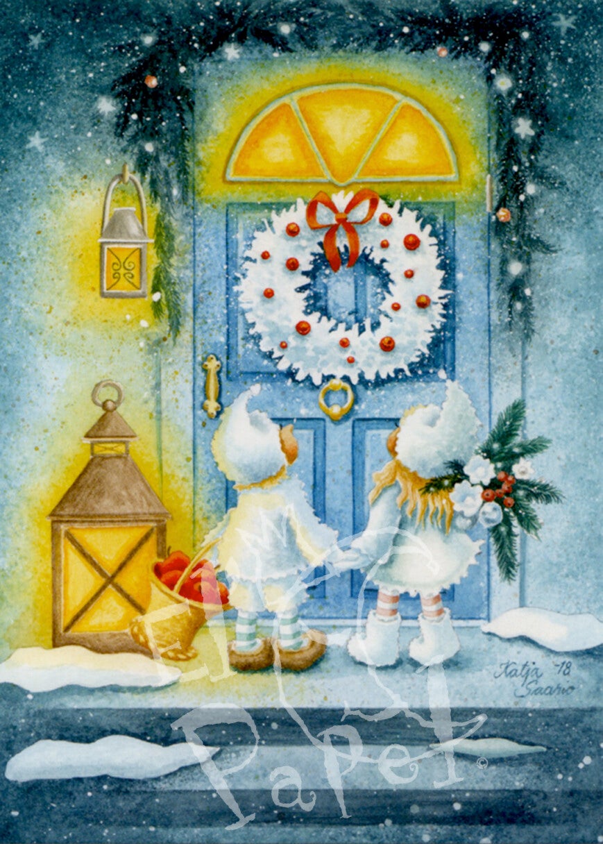 Kerstkaart 'Engeltjes aan de deur'