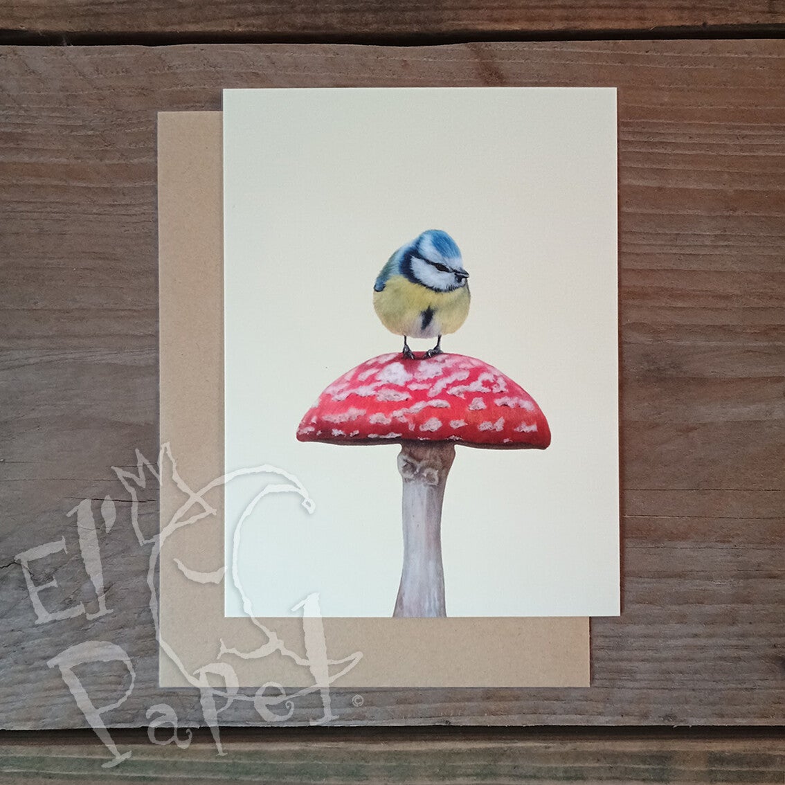 Lonneke Grimbergen ansichtkaart 'Pimpelmees op vliegenzwam'