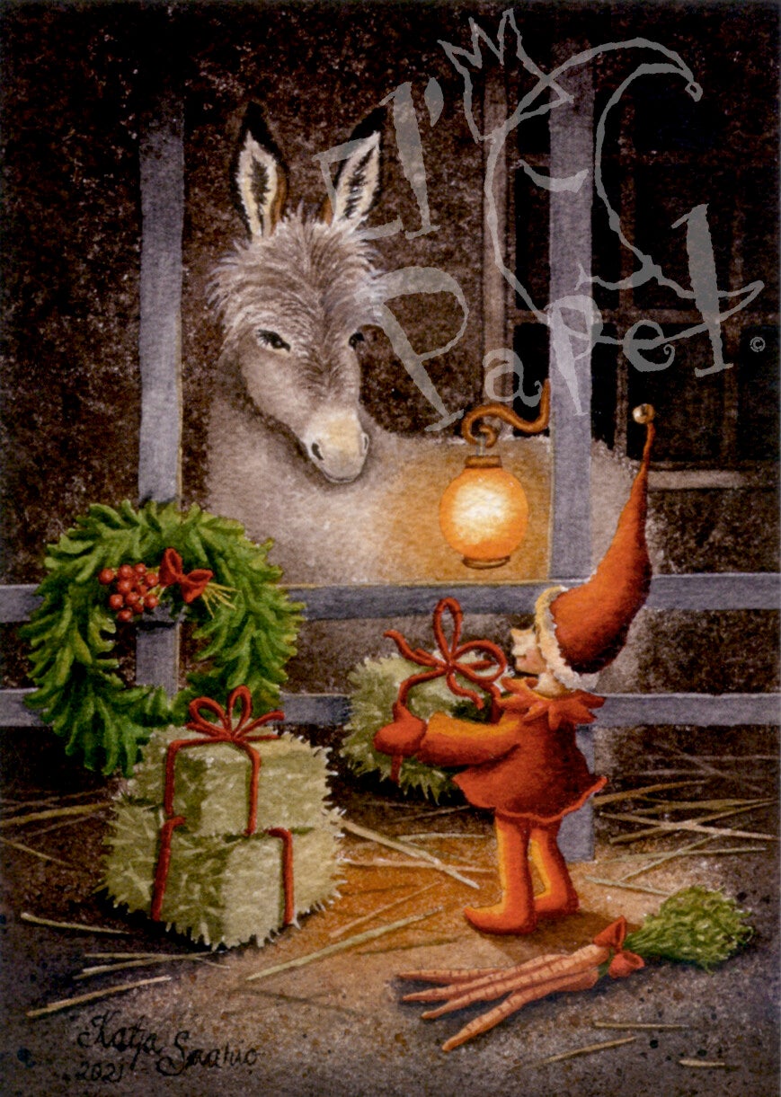 Kerstkaart 'Een cadeautje voor de ezel'