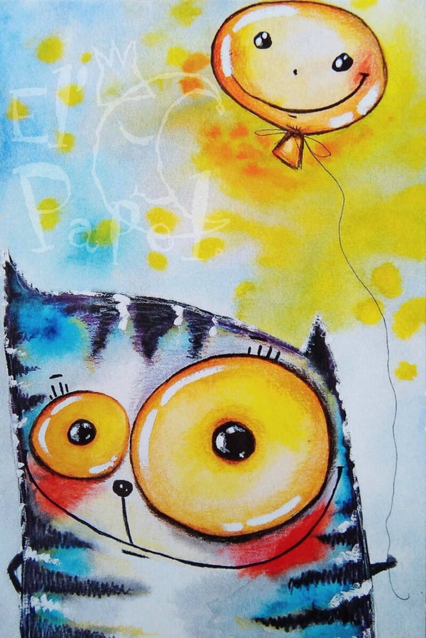 Ansichtkaart 'Vrolijke kat met ballon'