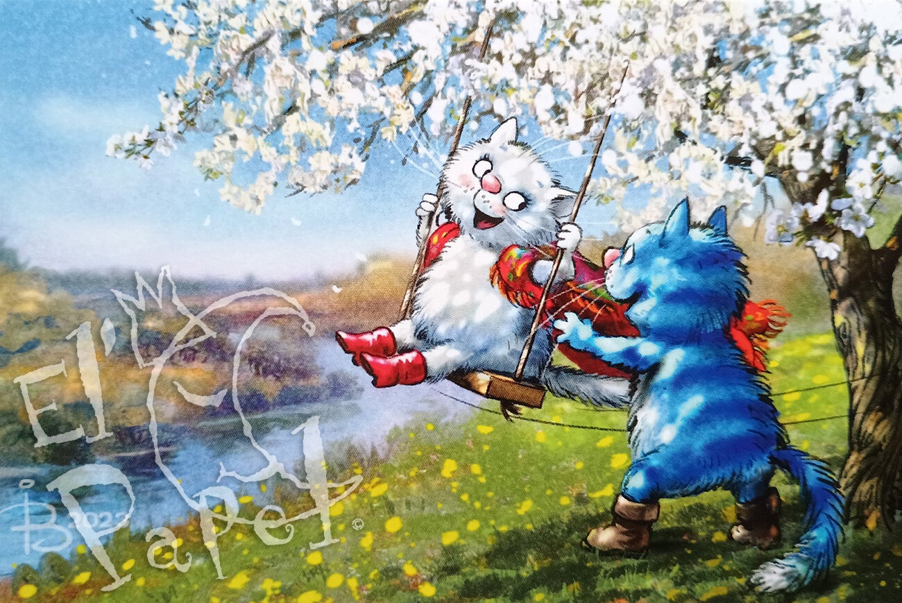 Ansichtkaart 'Schommelen onder de bloesem'