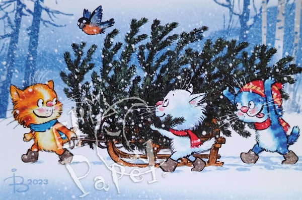 Kerst ansichtkaart 'Kerstboom op de slee'
