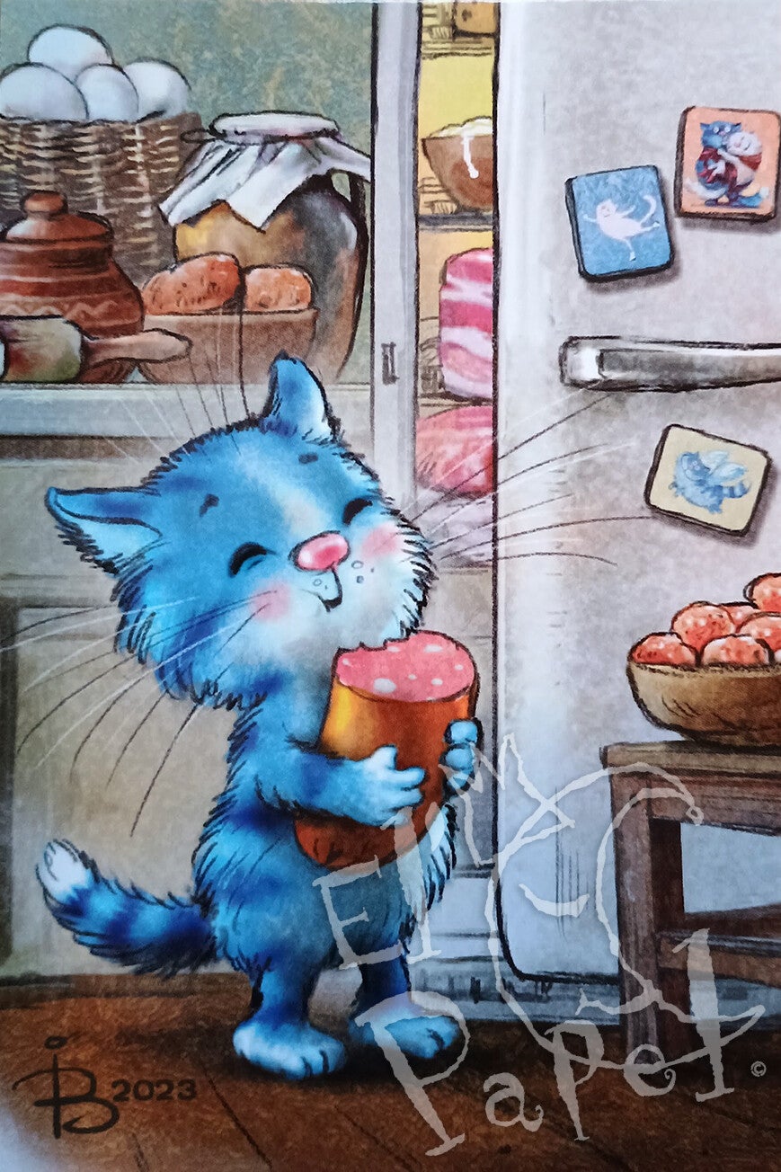 Ansichtkaart 'Fedya snoept een worstje'