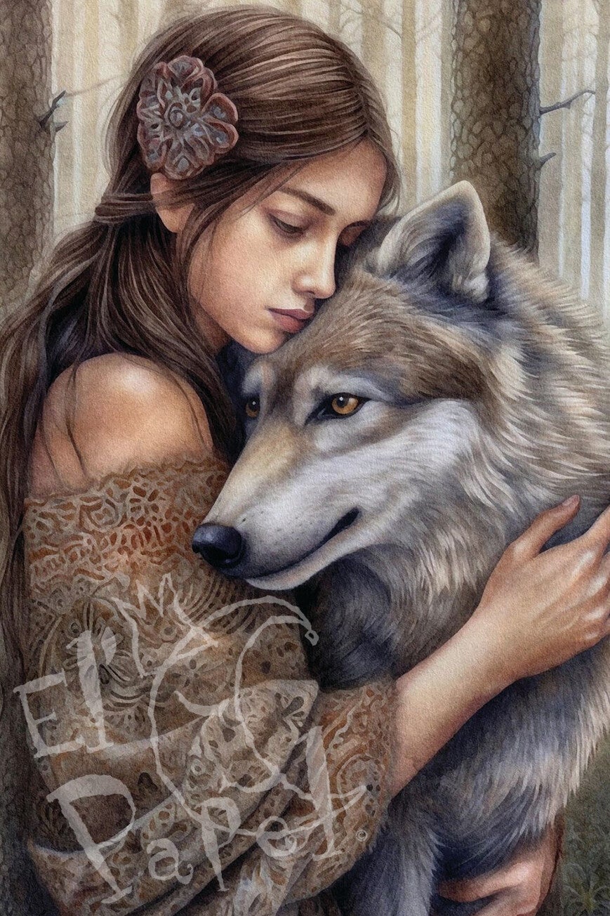 Ansichtkaart 'Vriendschap - jonge vrouw met wolf'