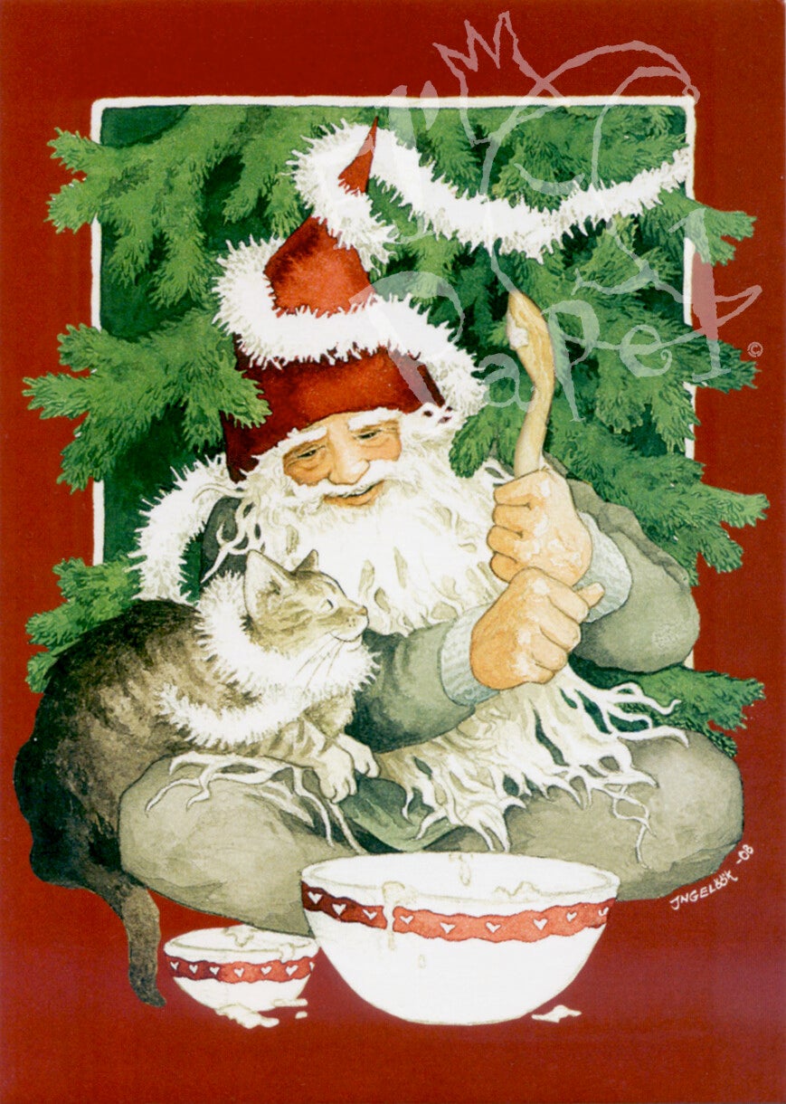 Ansichtkaart 'Kat en Kerstman, samen eten'