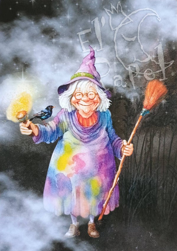 Ansichtkaart Oude heksen serie no.3 - 'Kleurrijk heksje'