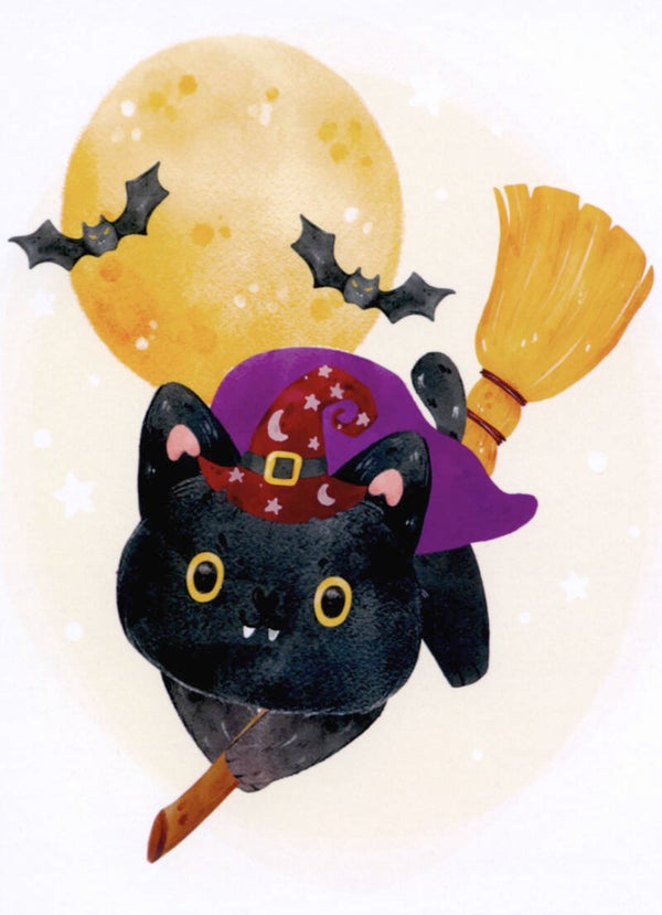 Ansichtkaart 'Halloween - vliegende kat'