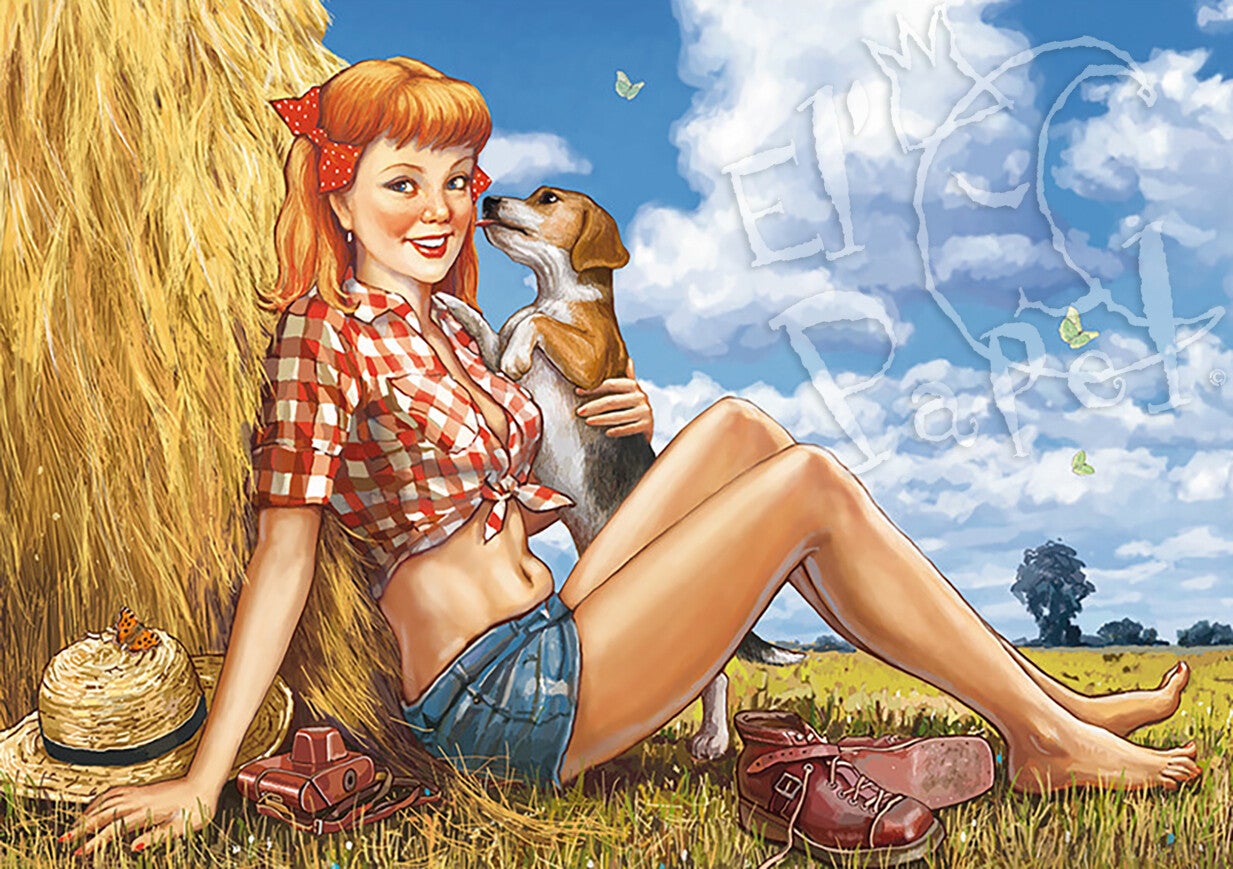 Ansichtkaart 'Pin-up op het platteland'