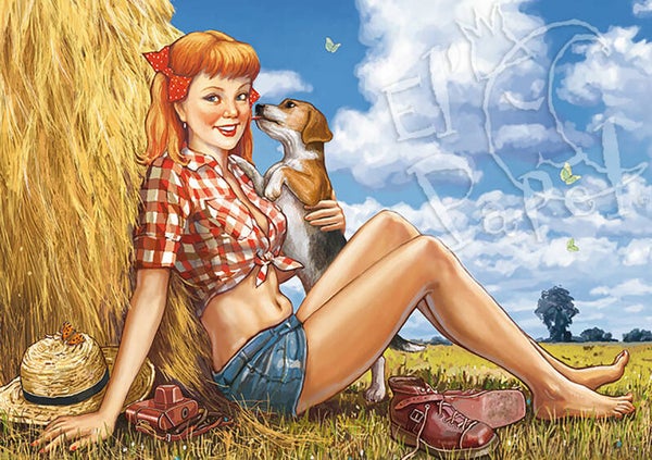 Ansichtkaart 'Pin-up op het platteland'