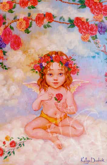 Ansichtkaart 'Cupido meisje met roosjes'