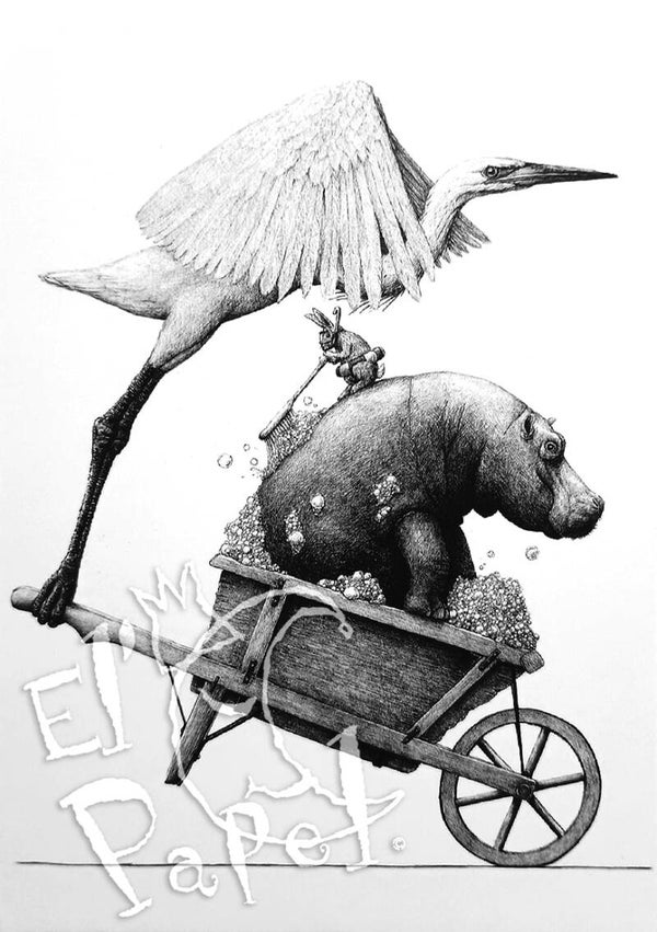 Kunstkaart 'Kruiwagen met nijlpaardje' (513)