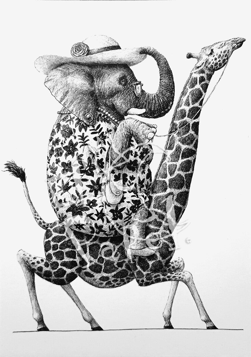 Kunstkaart 'Olifant op giraffe' (521)