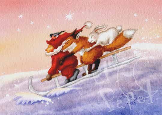 Kerstkaart 'Met z`n allen op de slee'