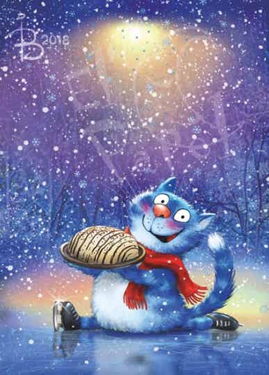 Kerst ansichtkaart 'De kat en de taart'