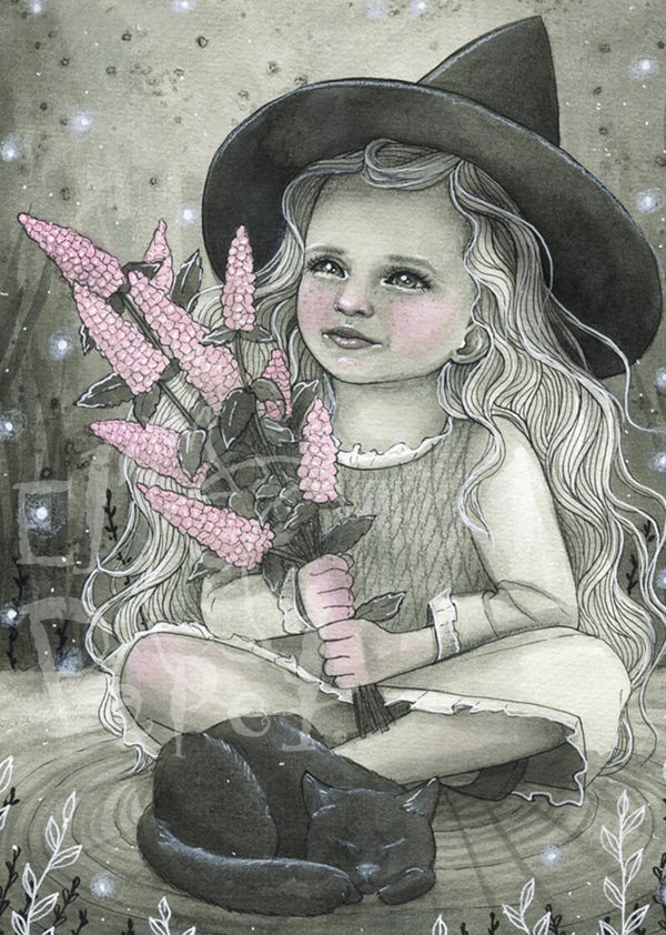 Ansichtkaart 'Heks met poes - poezenvrouwtje'