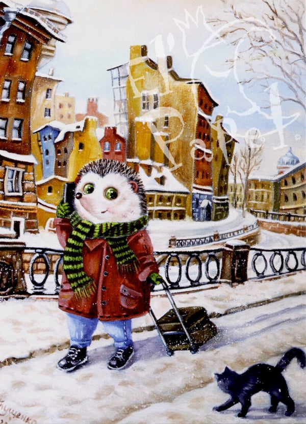 Ansichtkaart 'Door de winterse straat'