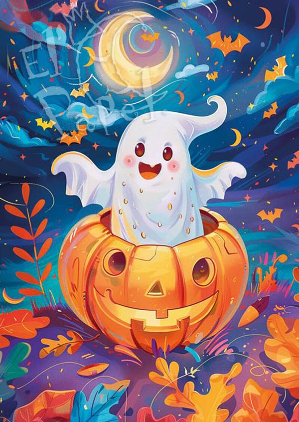 Ansichtkaart 'Halloween spookje uit de pompoen'