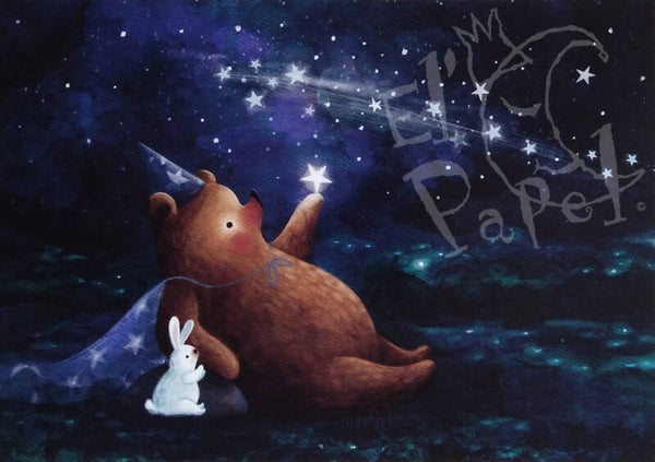 Ansichtkaart 'Beer en wit konijn - sterrennacht'