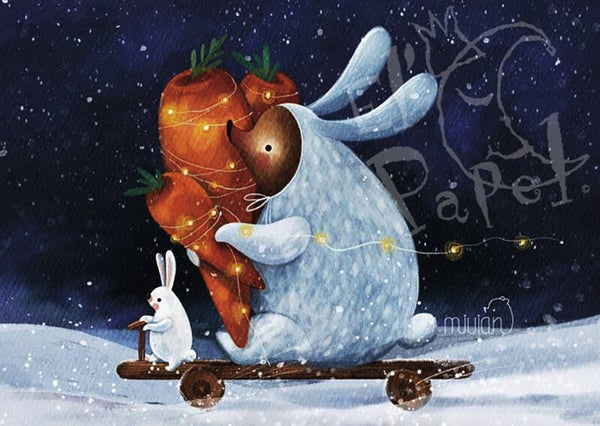 Ansichtkaart 'Misha & konijntje - op weg naar de winter'