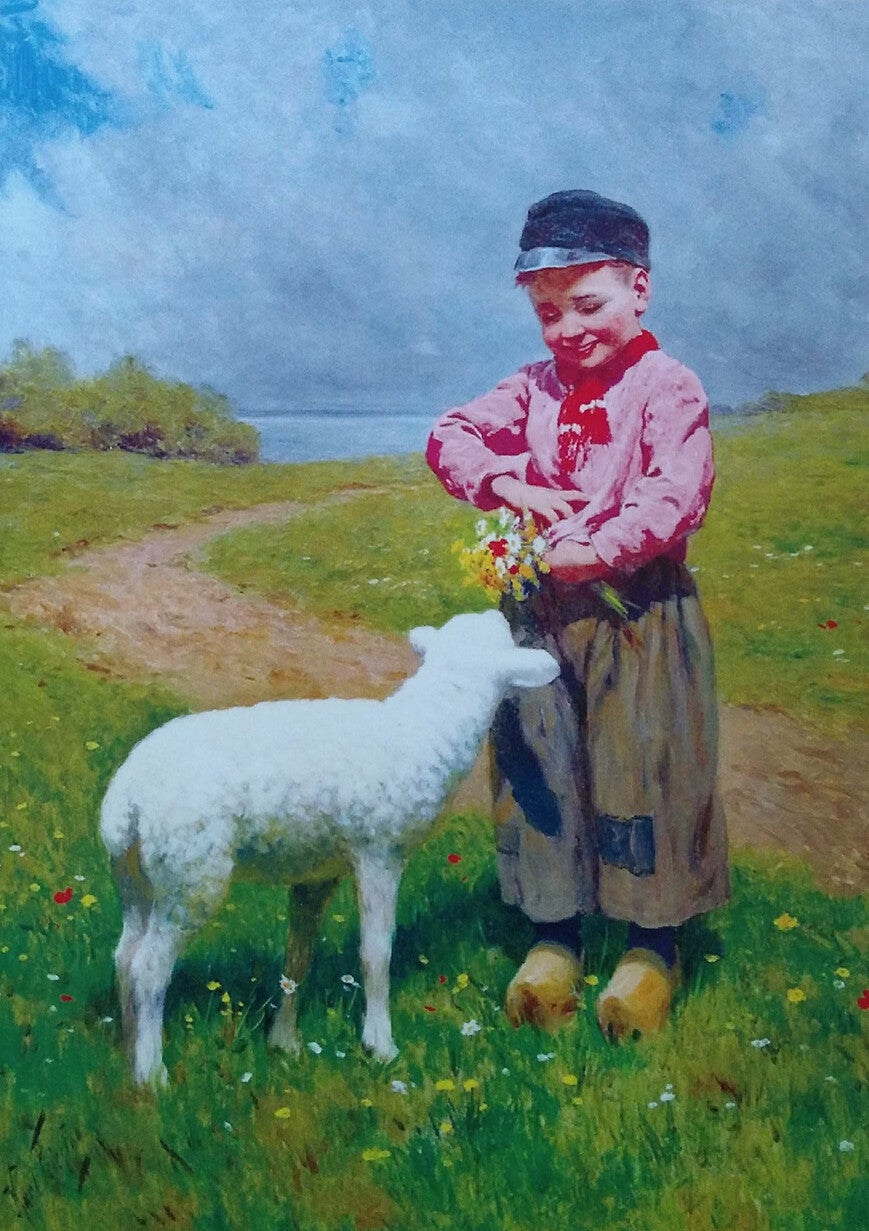 GB Ansichtkaart `Plattelandsjongen met lam'