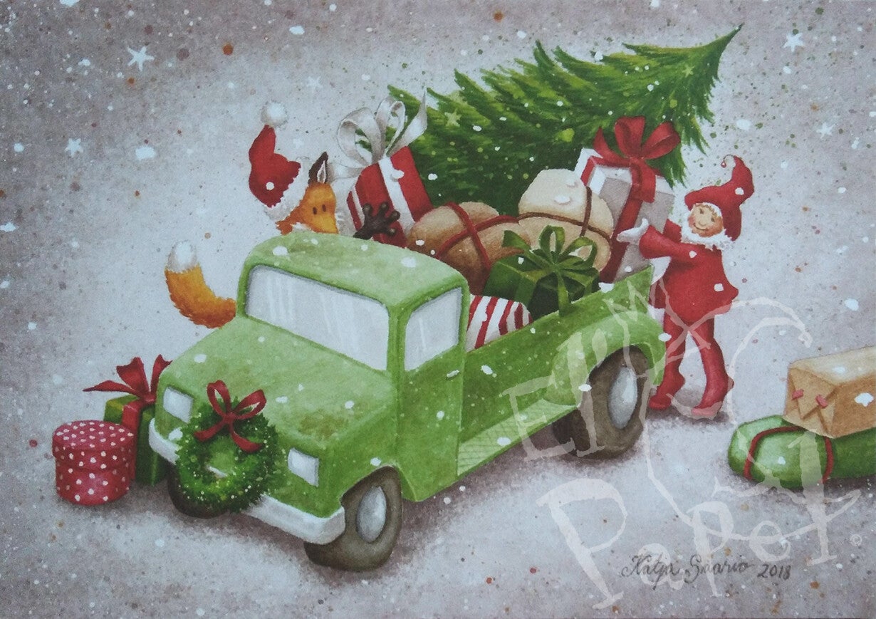 Ansichtkaart 'Kerst-truck met vosje & kabouter'