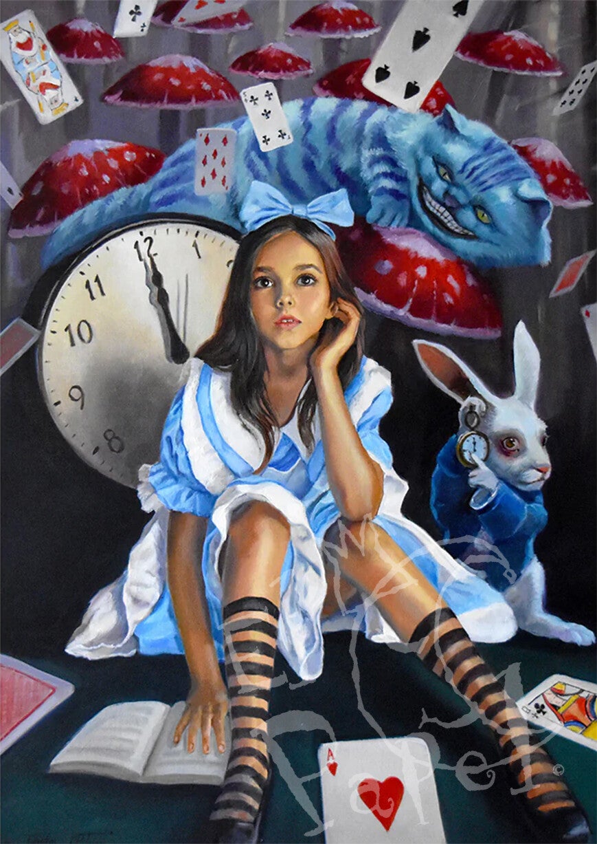 Ansichtkaart 'Alice, het witte konijn en Cheshire Cat'