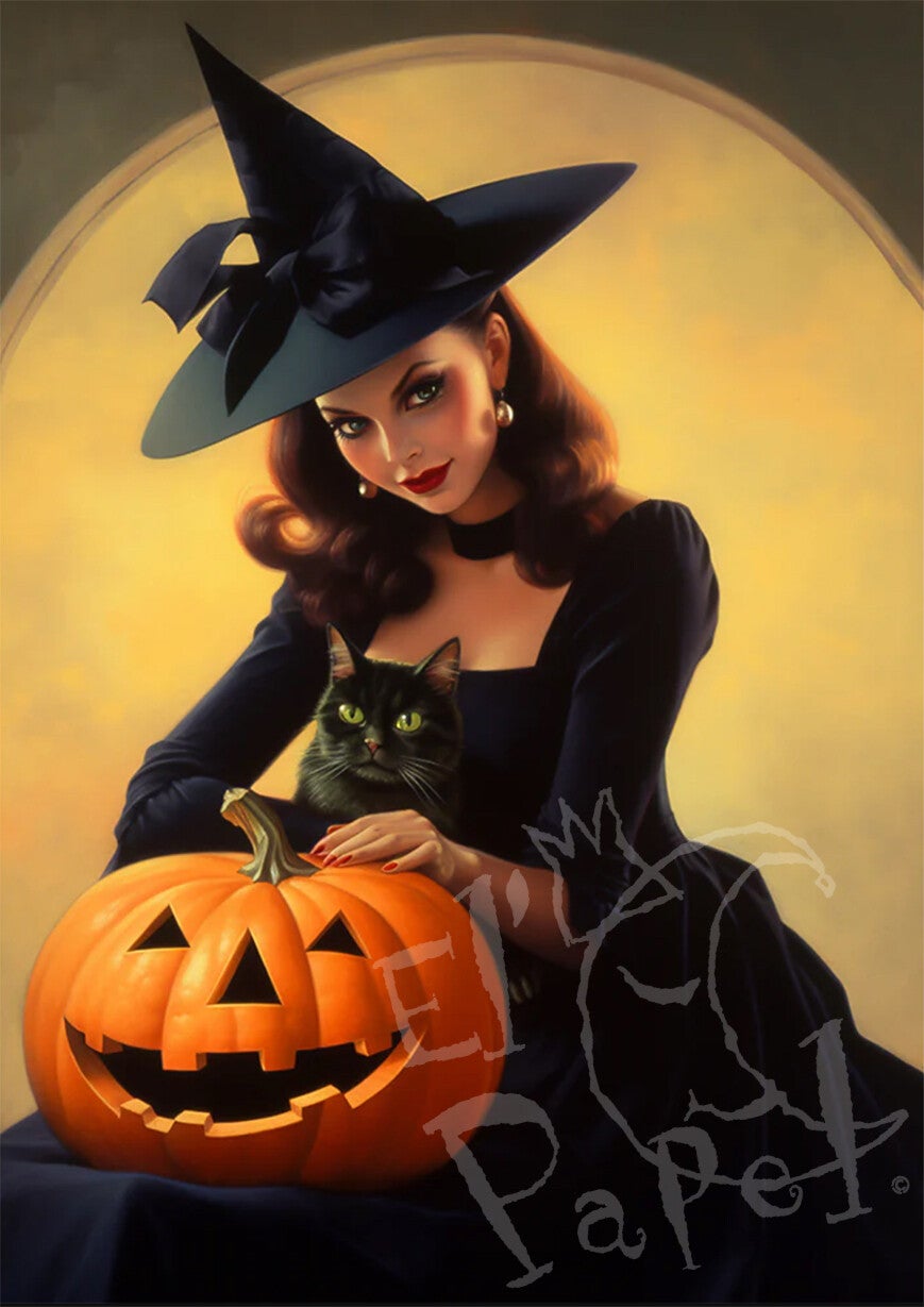 Ansichtkaart 'Pin-up heks met pompoen'